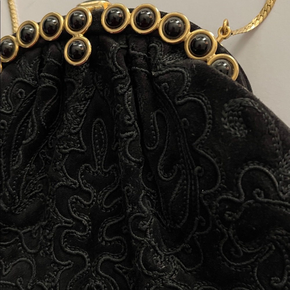 Vintage Judith Leiber Black Suede Embroidered Evening Bag with Gold Hardware - Picture 6 of 7